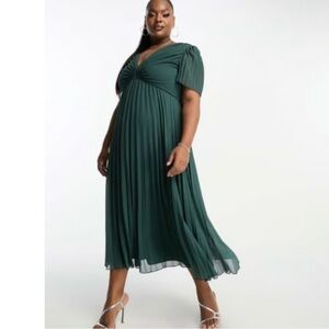 ASOS Pine Green Pleated Midi Dress with Flutter Sleeves